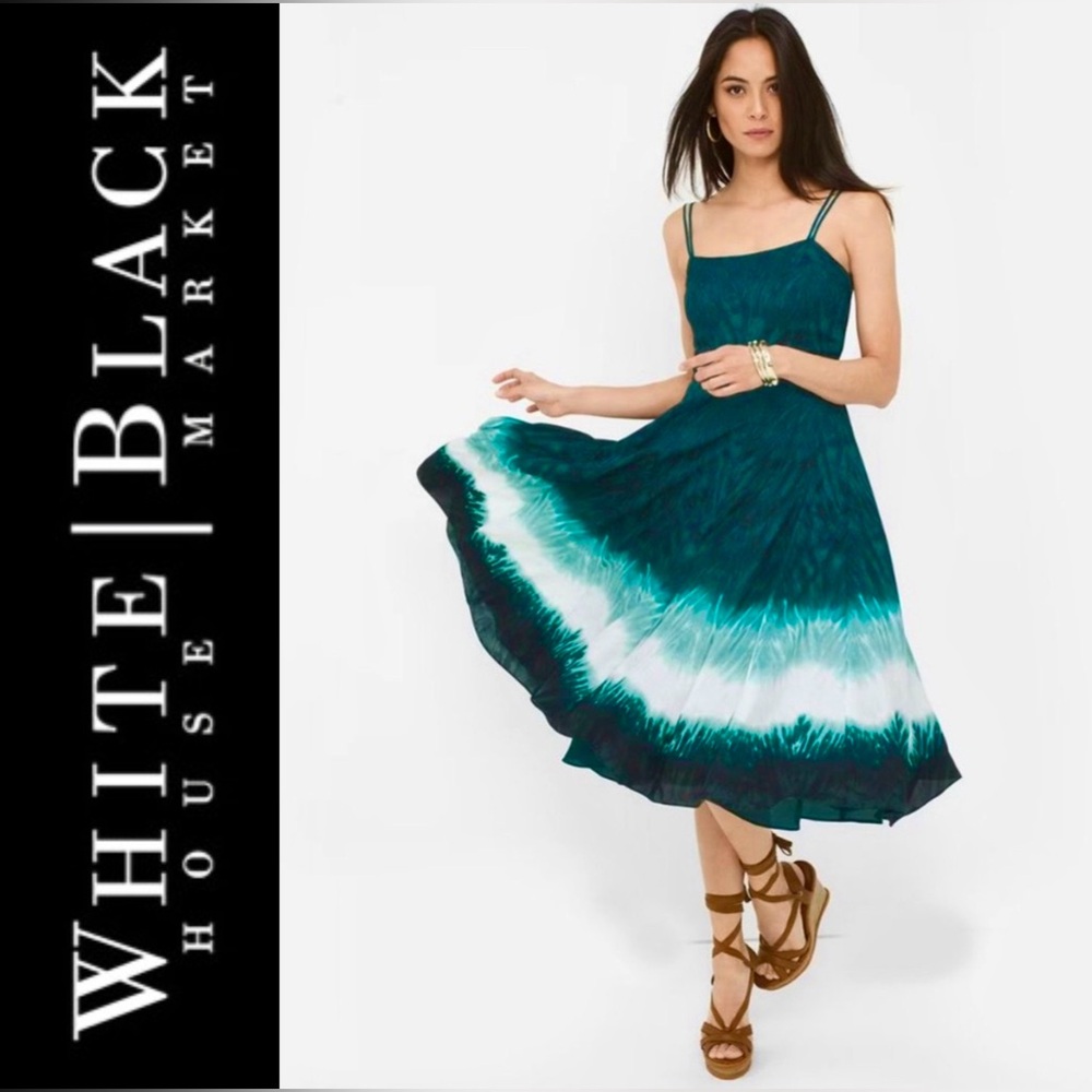 WHITE HOUSE BLACK MARKET Dip-Dyed Fit-n-Flair Midi Dress in Rain Forest, NWT